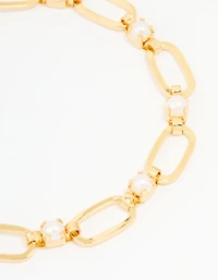 Gold Plated Brass Pearl Oval Link Chain Bracelet