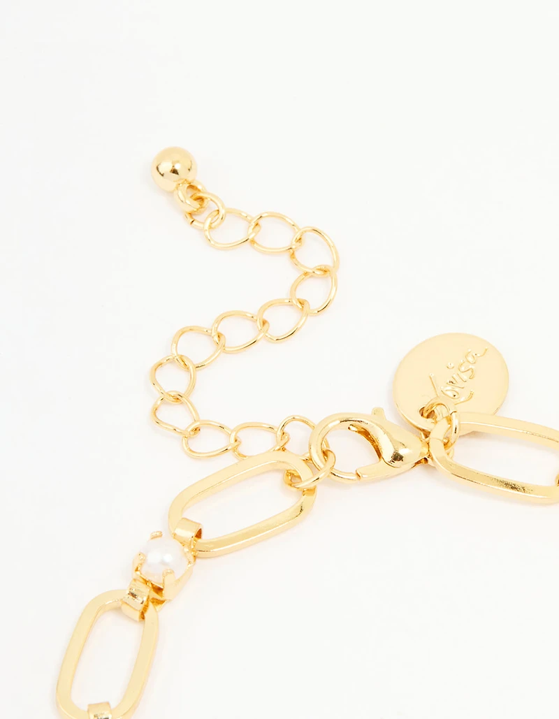 Gold Plated Brass Pearl Oval Link Chain Bracelet