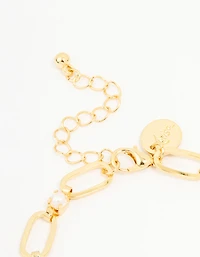 Gold Plated Brass Pearl Oval Link Chain Bracelet