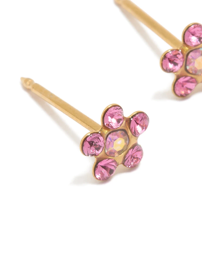 24K Gold Plated Surgical Stainless Steel Pink Cubic Zirconia Daisy Piercing Stud