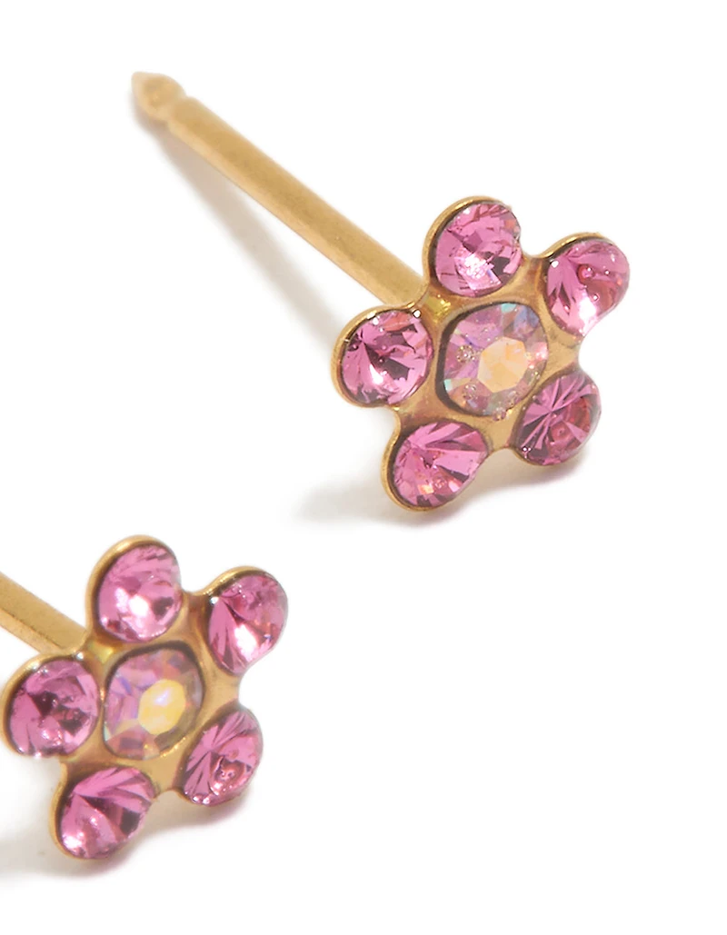 24K Gold Plated Surgical Stainless Steel Pink Cubic Zirconia Daisy Piercing Stud