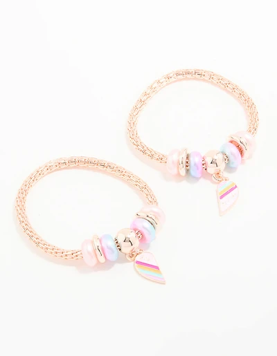 Kids Rose Gold Beaded Heart BFF Stretch Bracelets 2-Pack