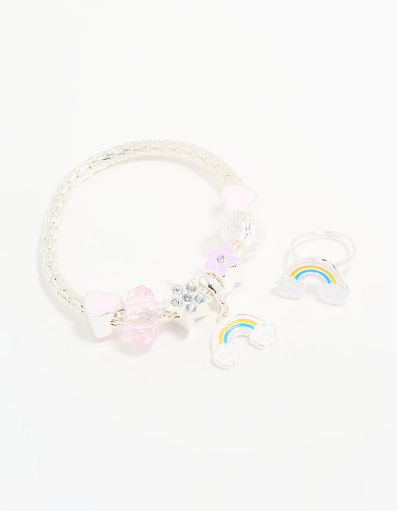 Kids Silver Beaded Rainbow Bracelet & Ring Pack