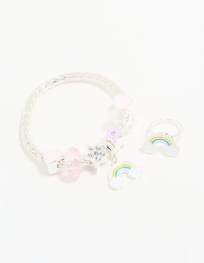 Kids Silver Beaded Rainbow Bracelet & Ring Pack