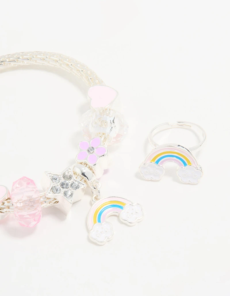 Kids Silver Beaded Rainbow Bracelet & Ring Pack