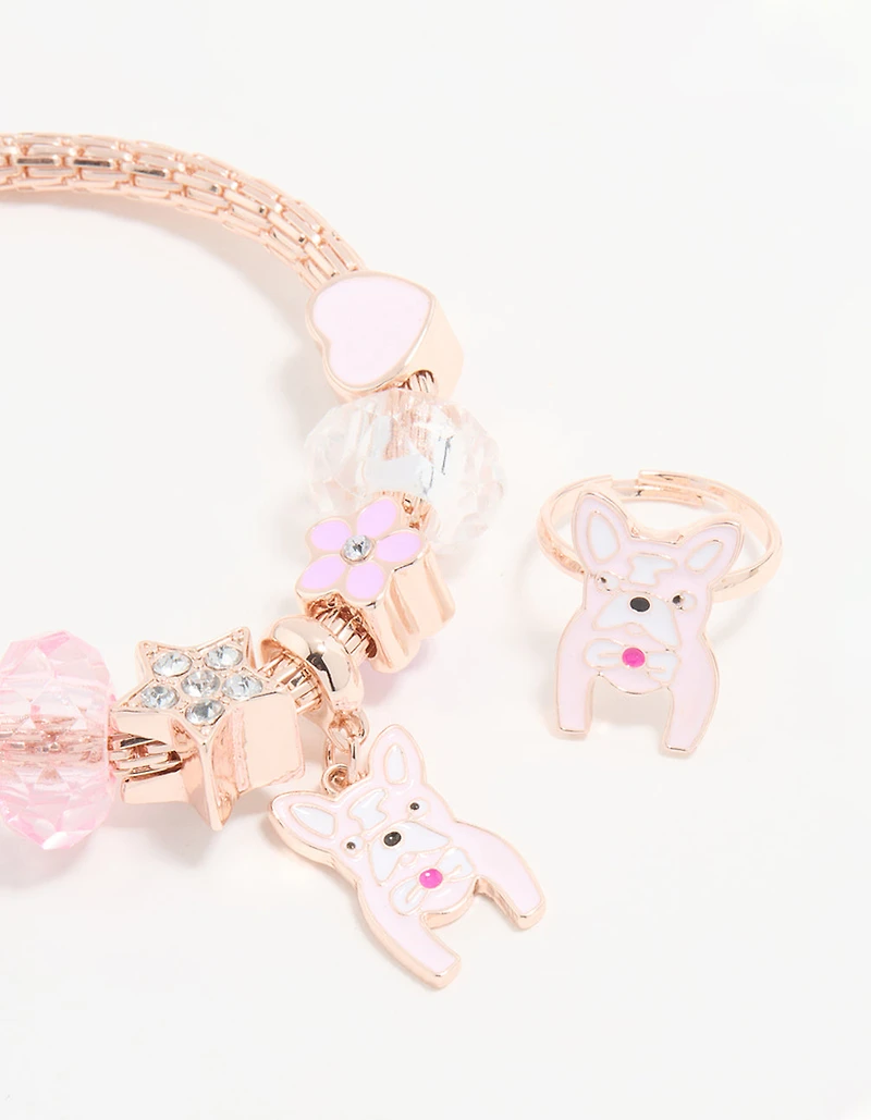 Kids Rose Gold Pink Dog Bracelet & Ring Pack