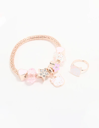Kids Rose Gold Cat Bracelet & Ring Set