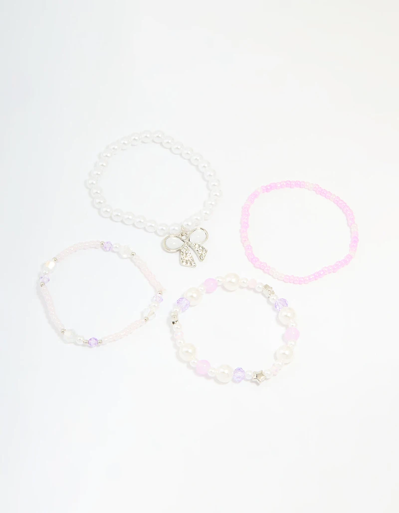 Kids Pink & White Beaded Stretch Bracelets Pack