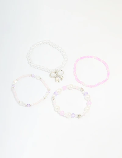 Kids Pink & White Beaded Stretch Bracelets Pack
