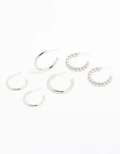 Waterproof Stainless Steel Twisted & Smooth Hoop Earrings 3-Pack