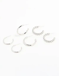 Waterproof Stainless Steel Twisted & Smooth Hoop Earrings 3-Pack