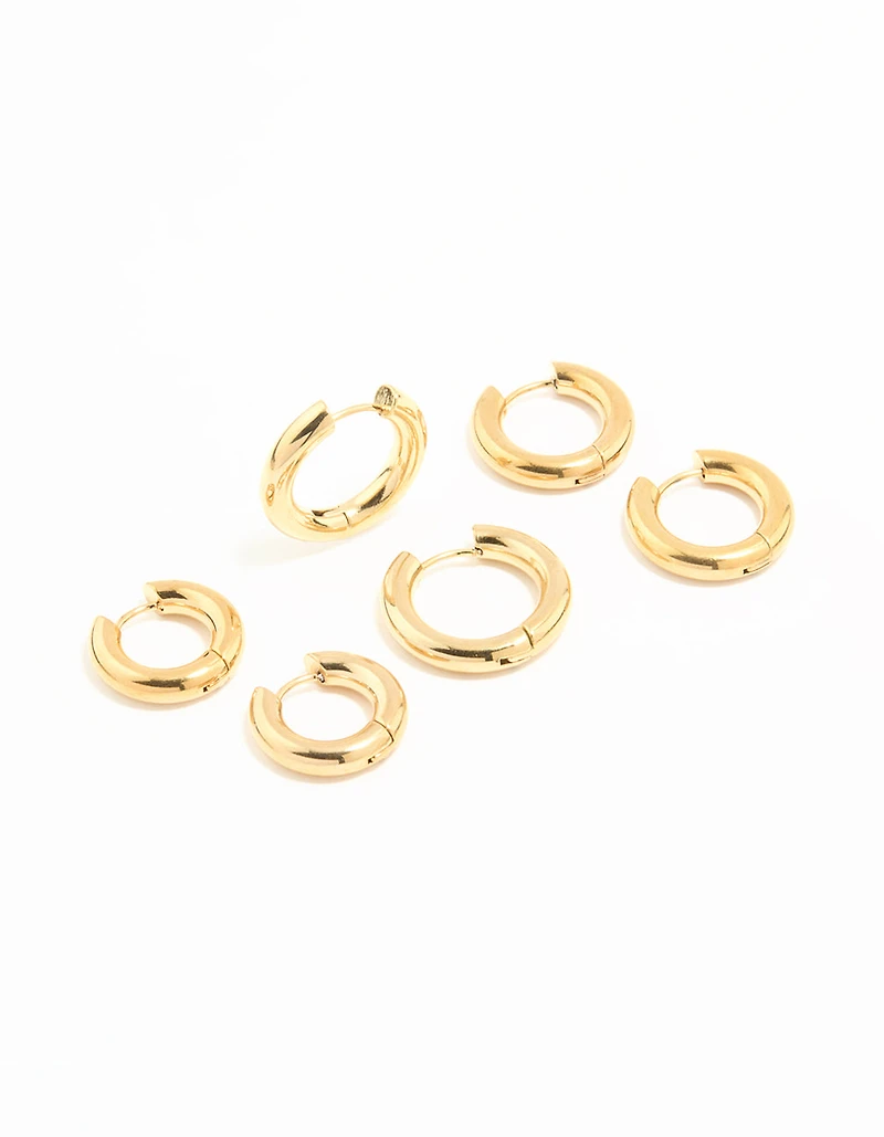 Waterproof Gold Plated Stainless Steel Thick Earrings 3-Pack