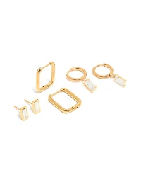 Waterproof Gold Plated Stainless Steel Cubic Zirconia Stud & Hoop Earrings 3-Pack