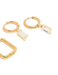 Waterproof Gold Plated Stainless Steel Cubic Zirconia Stud & Hoop Earrings 3-Pack