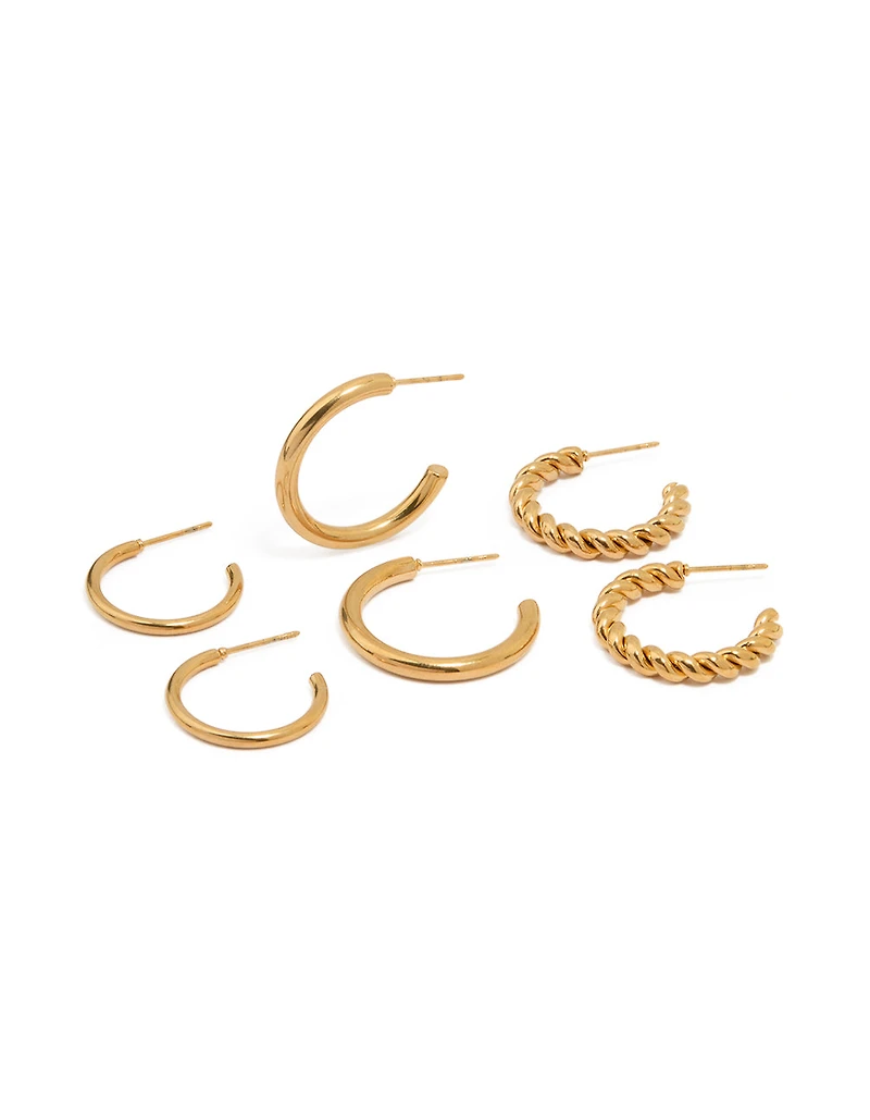 Waterproof Gold Plated Stainless Steel Twisted & Smooth Hoop Earrings 3-Pack