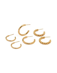 Waterproof Gold Plated Stainless Steel Twisted & Smooth  Hoop Earrings 3-Pack