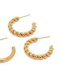 Waterproof Gold Plated Stainless Steel Twisted & Smooth  Hoop Earrings 3-Pack