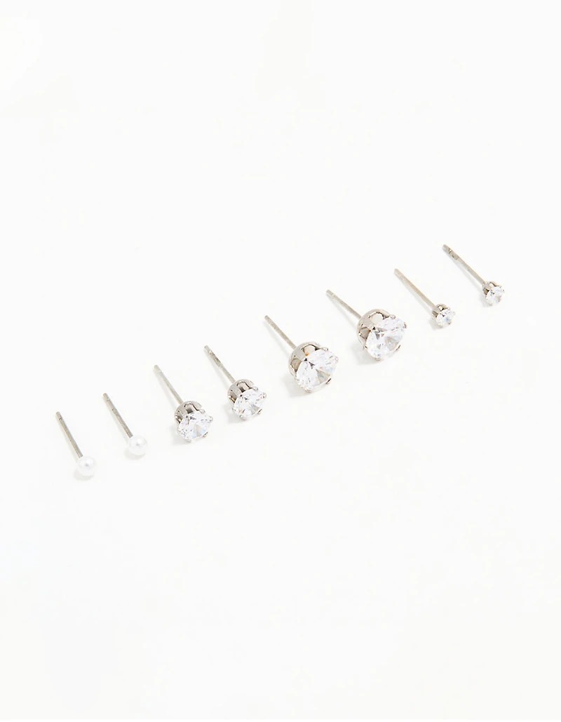 Waterproof Stainless Steel Cubic Zirconia & Pearl Stud Earrings 4-Pack
