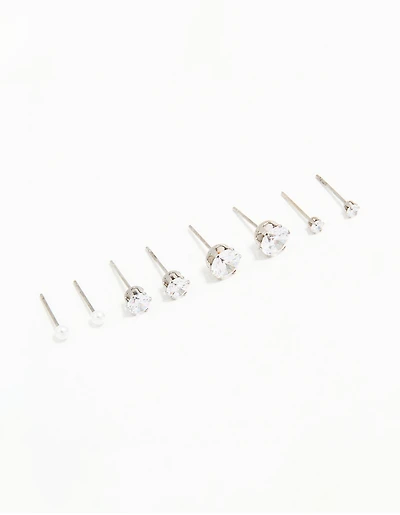 Waterproof Stainless Steel Cubic Zirconia & Pearl Stud Earrings 4-Pack