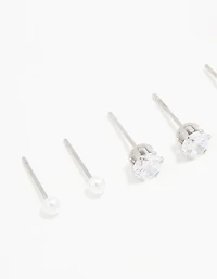 Waterproof Stainless Steel Cubic Zirconia & Pearl Stud Earrings 4-Pack