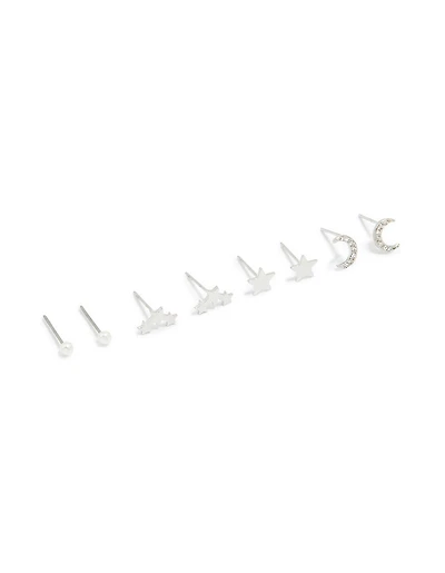 Waterproof Stainless Steel Cubic Zirconia & Pearl Celestial Stud Earrings 4-Pack