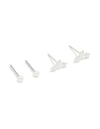 Waterproof Stainless Steel Cubic Zirconia & Pearl Celestial Stud Earrings 4-Pack
