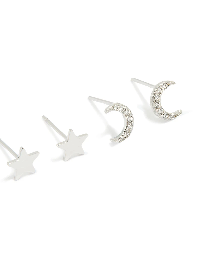Waterproof Stainless Steel Cubic Zirconia & Pearl Celestial Stud Earrings 4-Pack