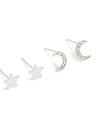 Waterproof Stainless Steel Cubic Zirconia & Pearl Celestial Stud Earrings 4-Pack