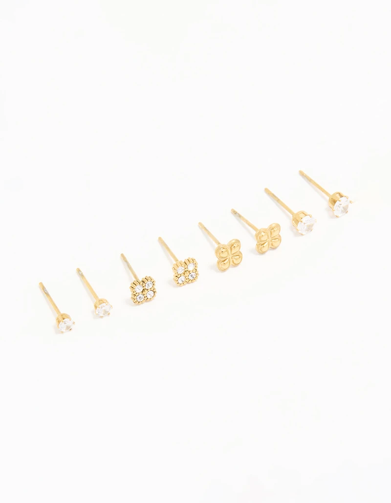 Waterproof Gold Plated Stainless Steel Cubic Zirconia Flower & Classic Stud Earrings 4-Pack