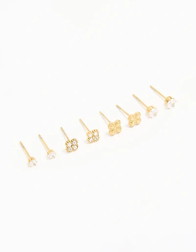 Waterproof Gold Plated Stainless Steel Cubic Zirconia Flower & Classic Stud Earrings 4-Pack