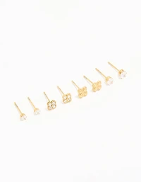 Waterproof Gold Plated Stainless Steel Cubic Zirconia Flower & Classic Stud Earrings 4-Pack