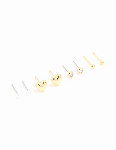 Waterproof Gold Plated Stainless Steel Cubic Zirconia & Heart Stud Earrings 4-Pack