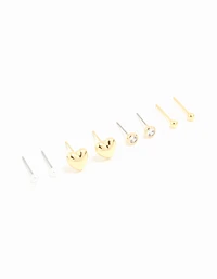 Waterproof Gold Plated Stainless Steel Cubic Zirconia & Heart Stud Earrings 4-Pack
