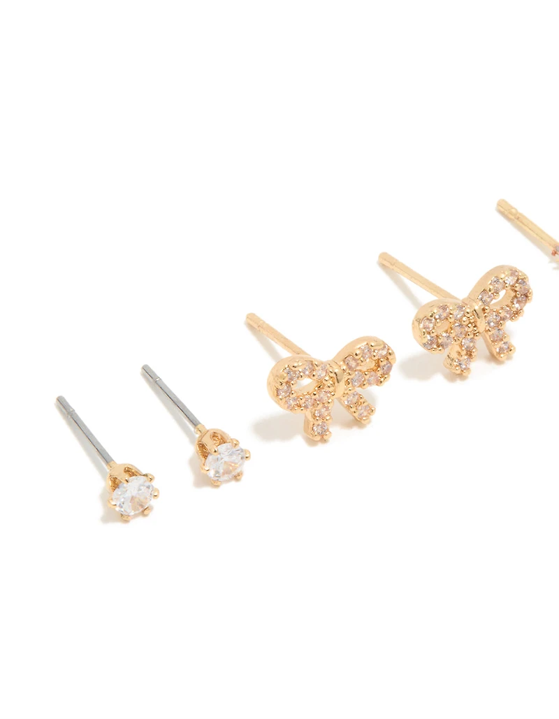 Waterproof Gold Plated Stainless Steel Cubic Zirconia & Pearl Stud Earrings 4-Pack