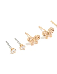 Waterproof Gold Plated Stainless Steel Cubic Zirconia & Pearl Stud Earrings 4-Pack