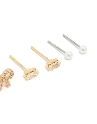 Waterproof Gold Plated Stainless Steel Cubic Zirconia & Pearl Stud Earrings 4-Pack