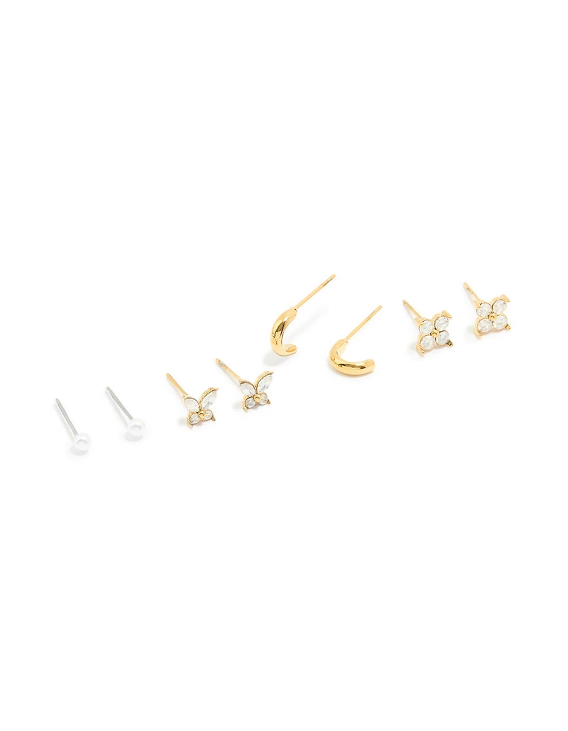 Waterproof Gold Plated Stainless Steel Cubic Zirconia Butterfly & Stud Earrings 4-Pack