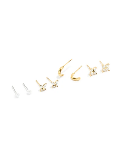 Waterproof Gold Plated Stainless Steel Cubic Zirconia Butterfly & Stud Earrings 4-Pack