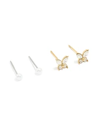 Waterproof Gold Plated Stainless Steel Cubic Zirconia Butterfly & Stud Earrings 4-Pack