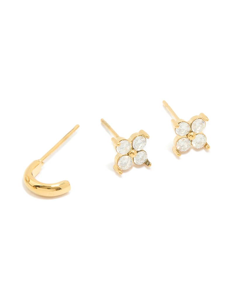 Waterproof Gold Plated Stainless Steel Cubic Zirconia Butterfly & Stud Earrings 4-Pack