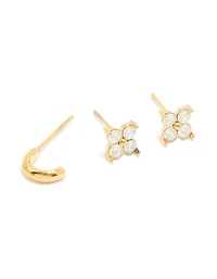 Waterproof Gold Plated Stainless Steel Cubic Zirconia Butterfly & Stud Earrings 4-Pack