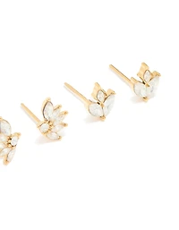 Waterproof Gold Plated Stainless Steel Cubic Zirconia Flower Stacker Earrings 3-Pack
