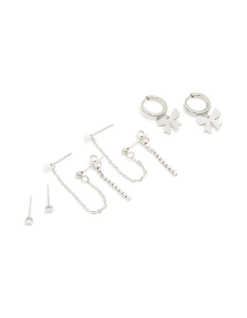 Waterproof Stainless Steel Cubic Zirconia Bow Chain Earrings 3-Pack