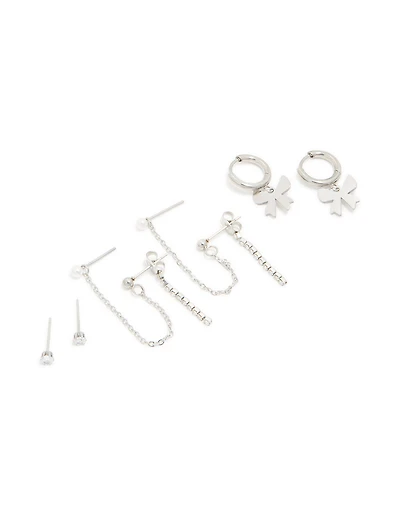 Waterproof Stainless Steel Cubic Zirconia Bow Chain Earrings 3-Pack