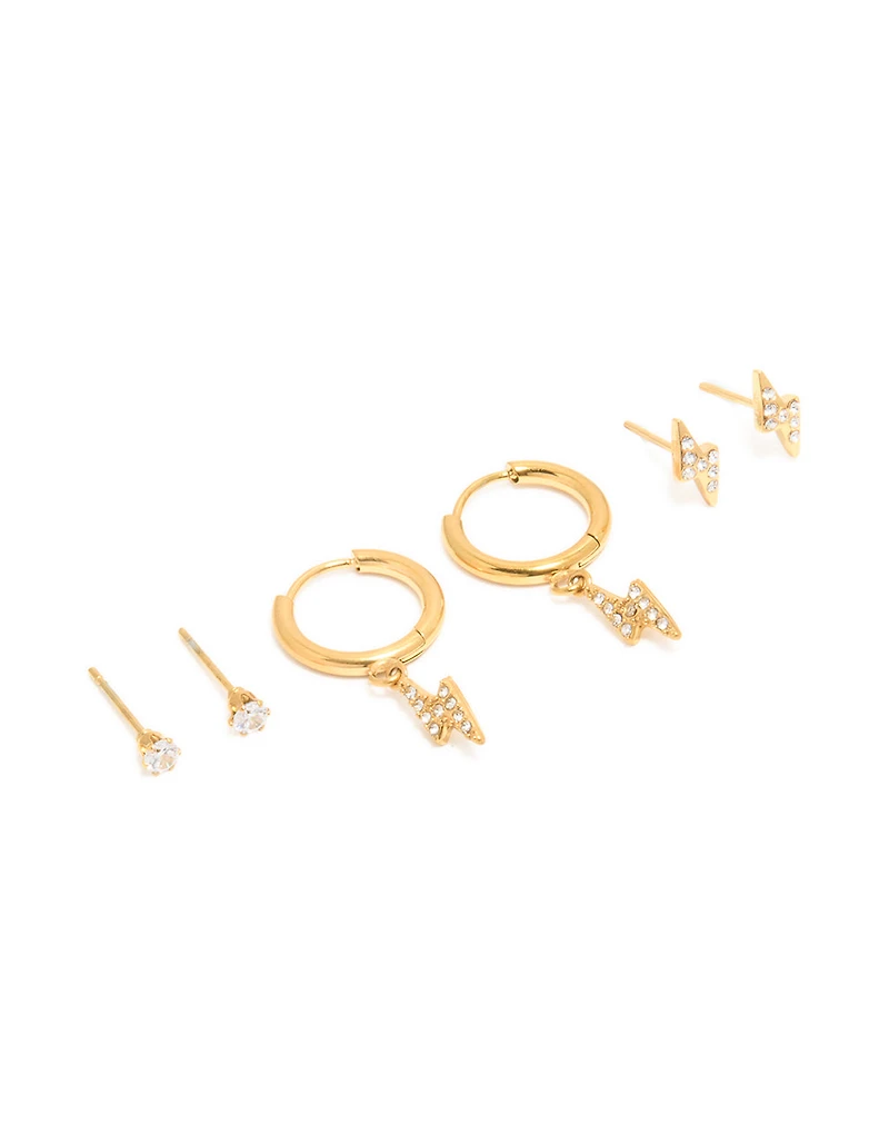 Waterproof Gold Plated Stainless Steel Cubic Zirconia Bolt Stacker Earrings 3-Pack