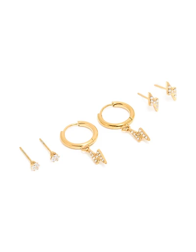 Waterproof Gold Plated Stainless Steel Cubic Zirconia Bolt Stacker Earrings 3-Pack