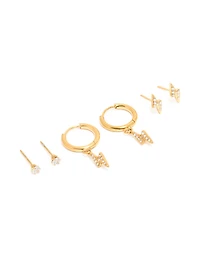 Waterproof Gold Plated Stainless Steel Cubic Zirconia Bolt Stacker Earrings 3-Pack