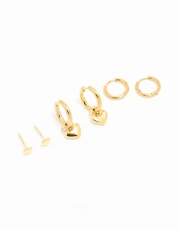 Waterproof Gold Plated Stainless Steel Heart Huggies & Classic Stud Earrings 3-Pack
