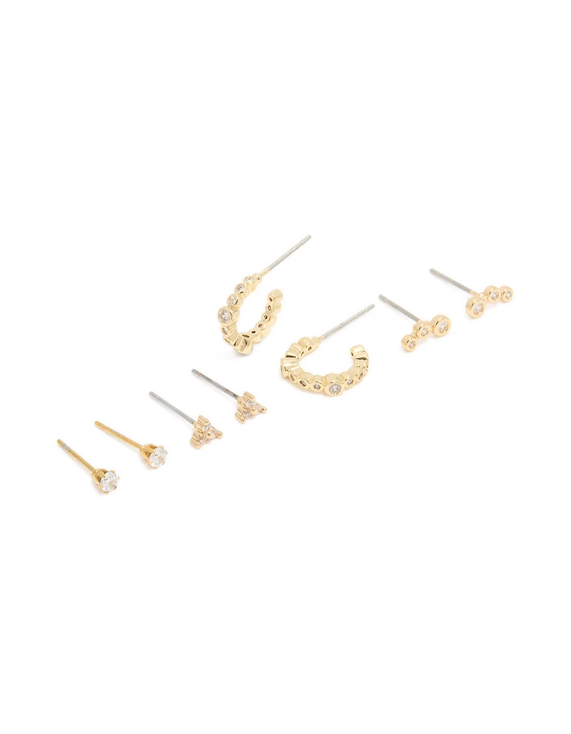 Waterproof Gold Plated Stainless Steel Diamante Stud Earrings 4-Pack