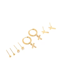 Waterproof Gold Plated Stainless Steel Cubic Zirconia Cross Stacker Earrings 4-Pack